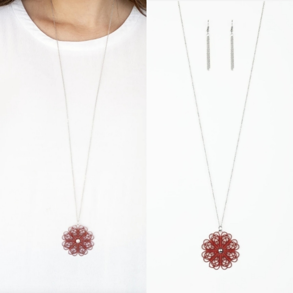 Silver filigree red flower necklace